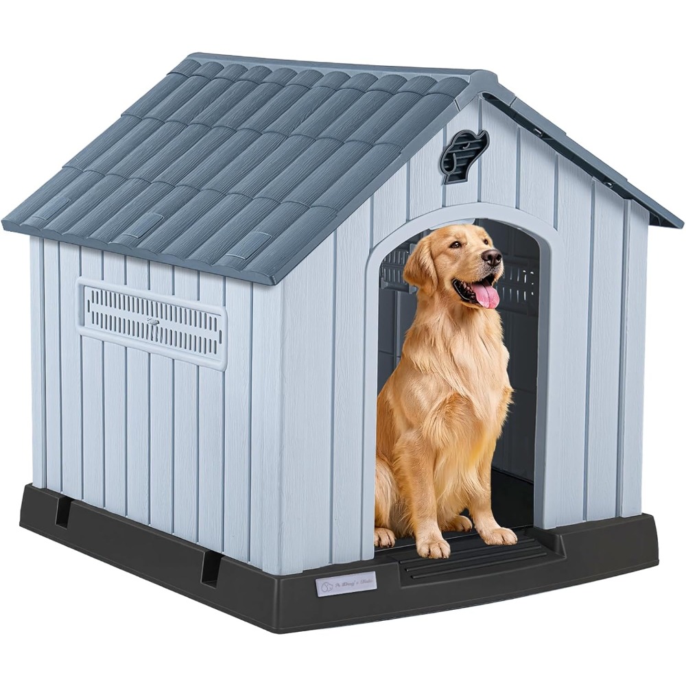 Outdoor Power Vent - LEMBERI 大型プラスチック製犬小屋 中型犬・大型犬用、耐久性のある防水屋内外兼用犬小屋、通気孔と高床式