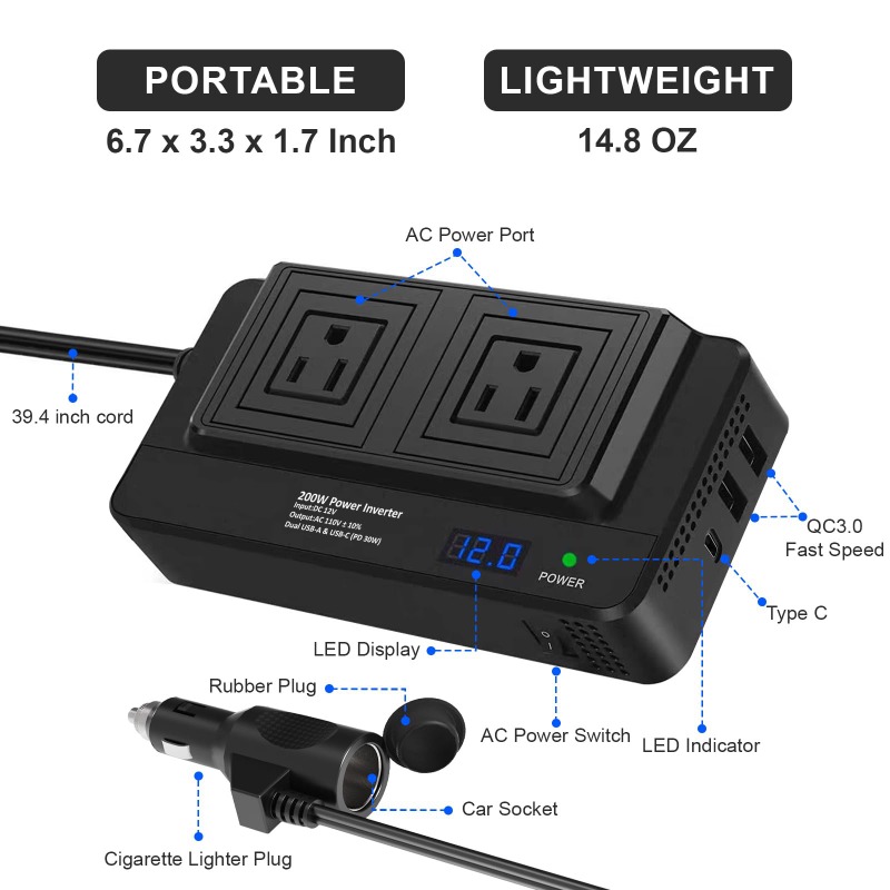 Outdoor Power Adapter Usb C - 200Wカーパワーコンバーター、2つのUSBポートとType-C PD 20W急速充電ポートを備えたカーソケットアダプター、アウトドアキャンプ用
